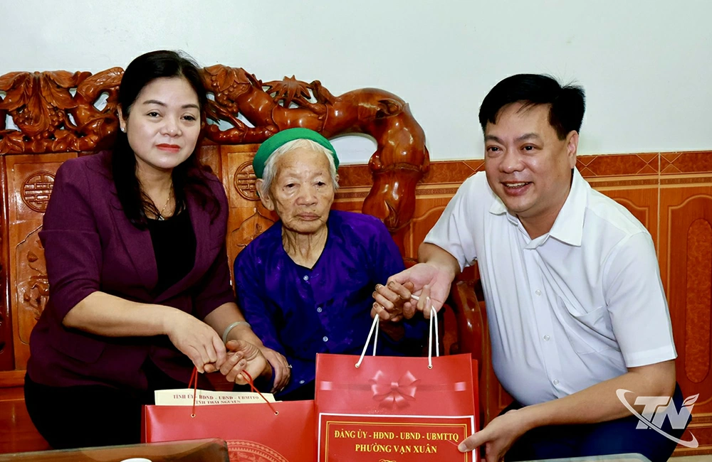 Đồng chí Nguyễn Thị Loan, Phó Chủ tịch UBND tỉnh tặng quà bà Đào Thị Hát, mẹ liệt sỹ, ở tổ dân phố Hảo Sơn 2  phường Vạn Xuân.