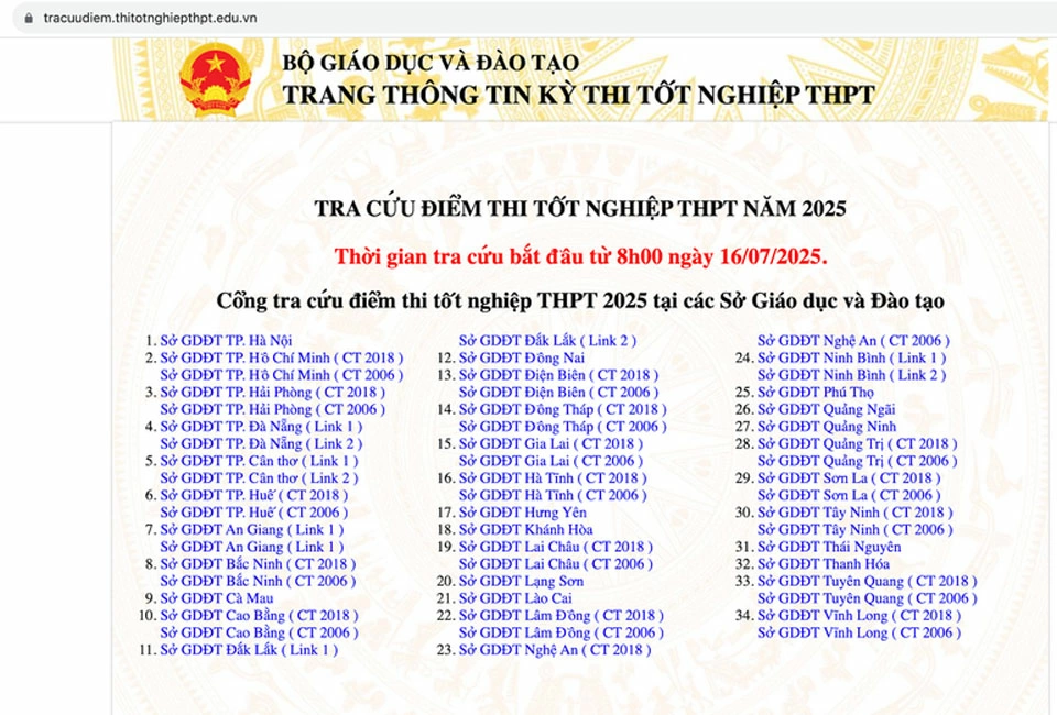 Giao diện trang tra cứu điểm thi của Bộ Giáo dục và Đào tạo