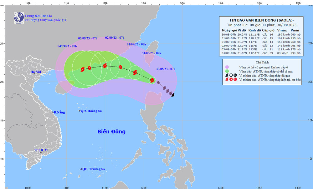 Vị trí và đường đi của bão Saola. Ảnh: KTTV