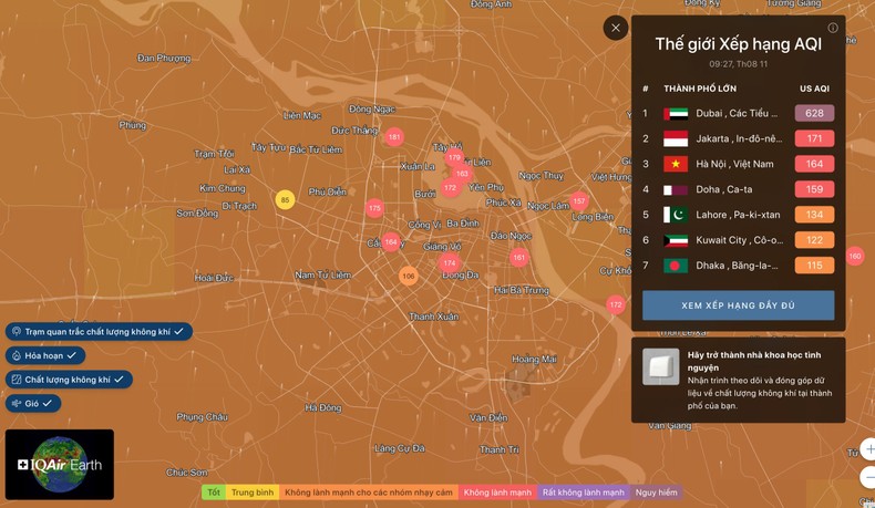 Trên bản đồ chất lượng không khí theo thời gian thực của AirVisual, sáng 11/8 tại Hà Nội đã có những điểm chỉ số AQI đạt từ 161-181 (ngưỡng không lành mạnh).