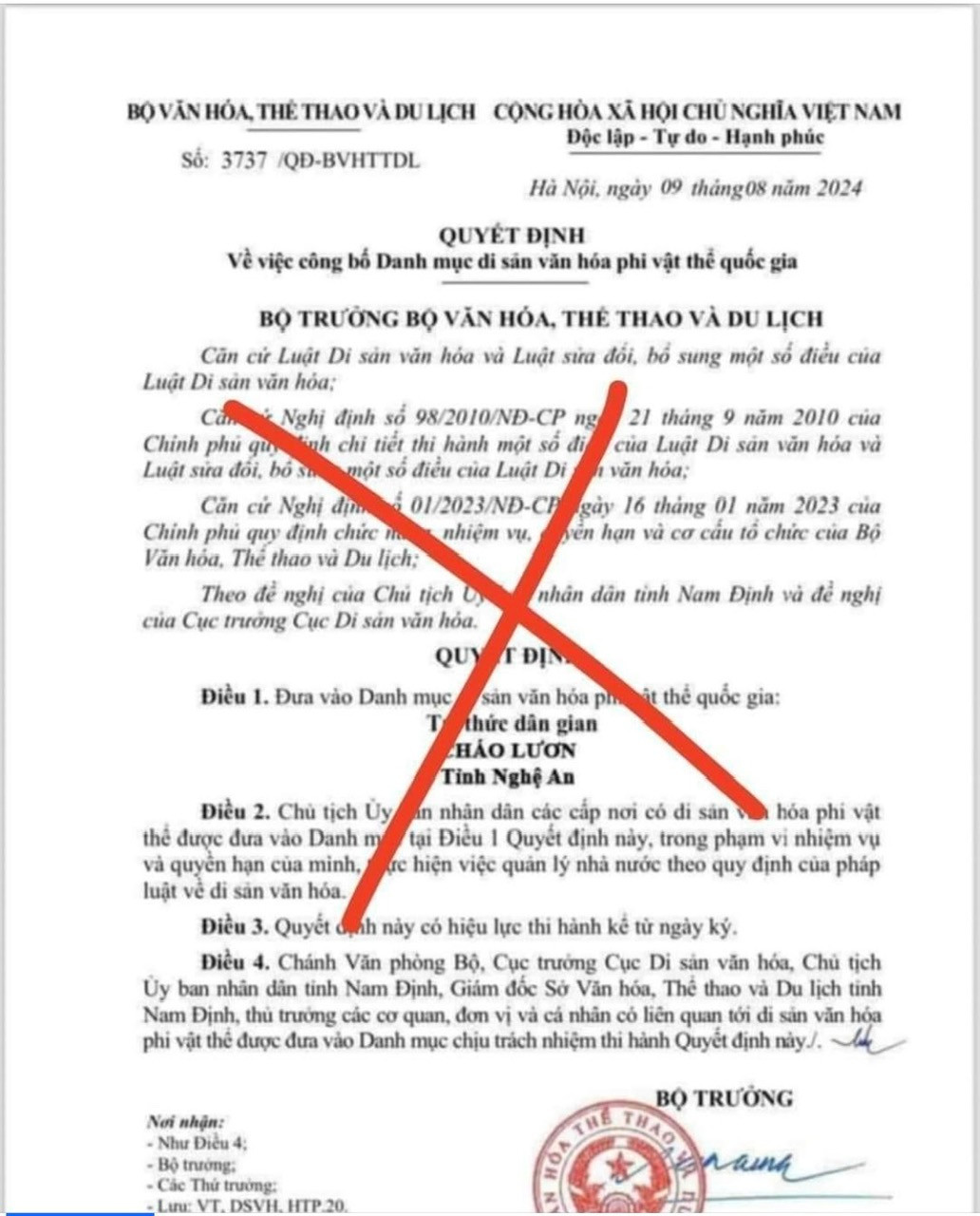 Bộ Văn hóa, Thể thao và Du lịch khẳng định văn bản lan truyền trên mạng xã hội là xuyên tạc