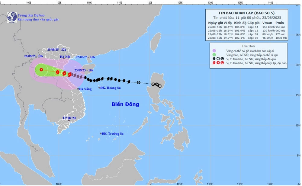 Bản đồ dự báo quỹ đạo và cường độ bão số 5 lúc 11 giờ ngày 25/8/2025.
