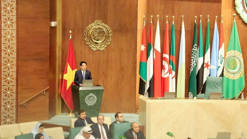 Chủ tịch nước phát biểu chính sách tại Liên đoàn Arab. (Ảnh: XUÂN KỲ)