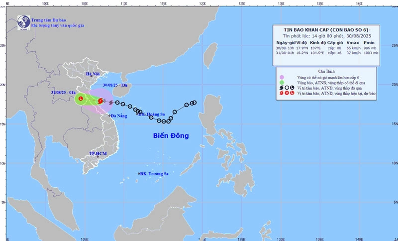Dự báo đường đi của bão số 6 (Nguồn: Trung tâm Dự báo Khí tượng Thủy văn).
