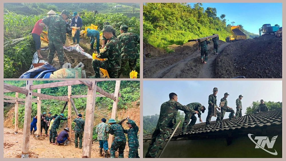 Cán bộ, chiến sĩ Trung đoàn Bộ binh 750 vận chuyển vật liệu, hỗ trợ người dân các xã phía Bắc làm nhà mới.