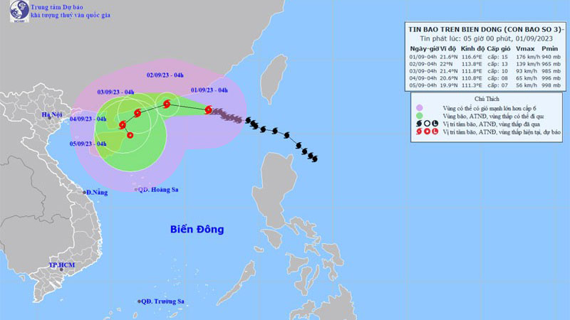 Vị trí và hướng di chuyển của bão số 3. (Nguồn: nchmf.gov.vn)