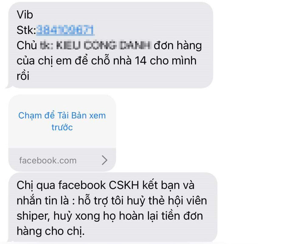 Tin nhắn đối tượng giả danh shiper hướng dẫn người nhận hàng hủy giao dịch chuyển khoản.