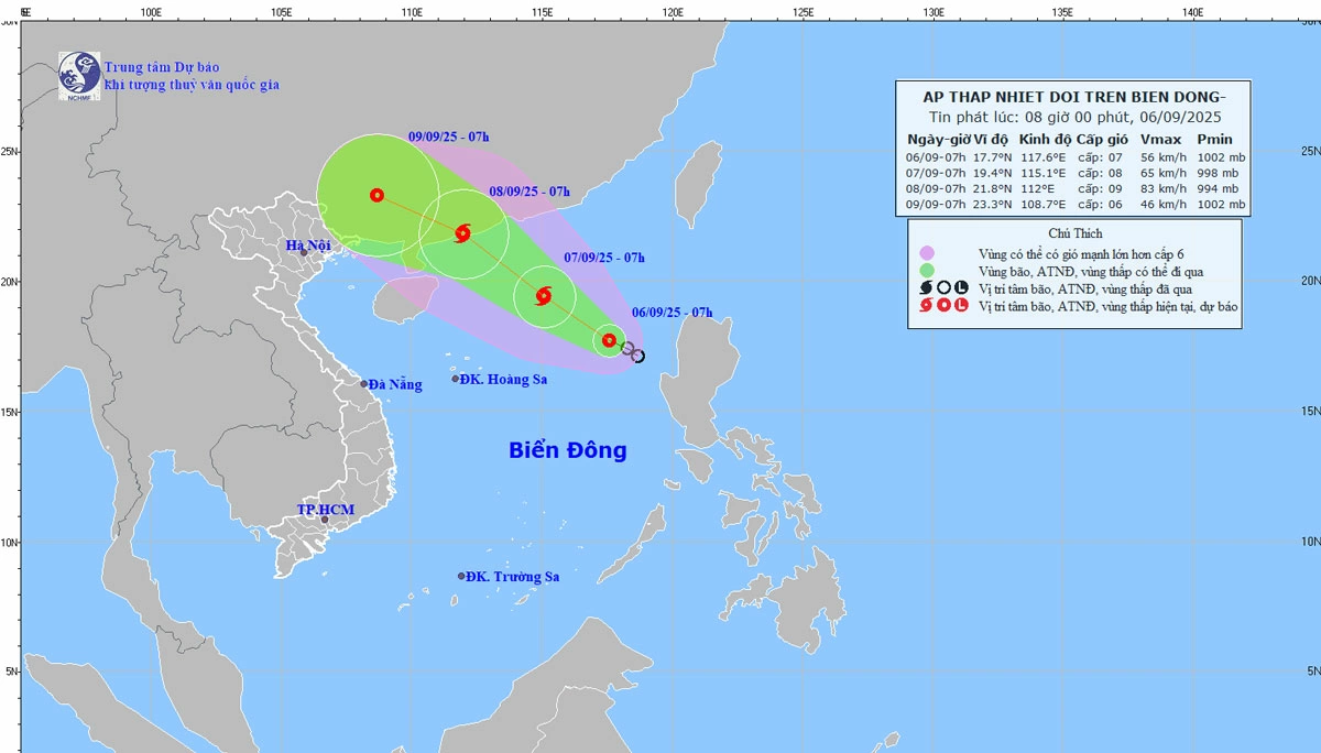 Vị trí và đường đi của áp thấp nhiệt đới vào lúc 8 giờ sáng ngày 6/9. Ảnh: KTTV