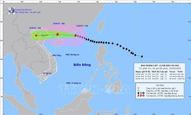 Hướng di chuyển của bão 9 lúc 4 giờ ngày 24/9. Ảnh: TTXVN