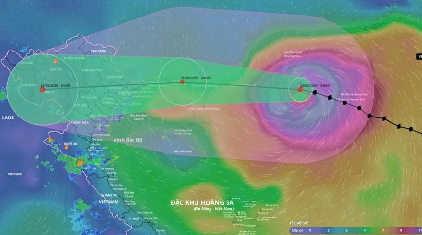 Dự báo hướng đi và vùng ảnh hưởng siêu bão Ragasa. Ảnh: Hệ thống giám sát thiên tai. 