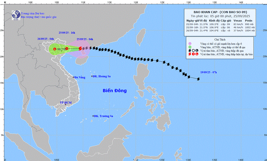 Hướng đi của bão số 9. Ảnh: www.nchmf.gov.vn