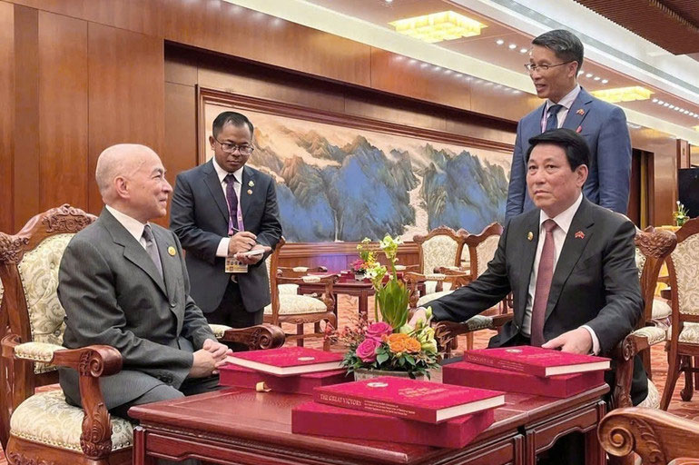 Chủ tịch nước Lương Cường gặp Quốc vương Campuchia Norodom Sihamoni. (Ảnh: TTXVN)