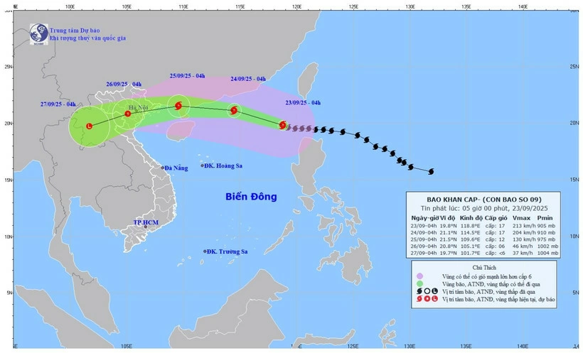 Bản đồ dự báo quỹ đạo và cường độ bão số 9 phát lúc 5 giờ sáng 23/9/2025. (Ảnh: Trung tâm Dự báo khí tượng thủy văn quốc gia).