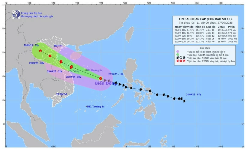 Bản đồ dự báo quỹ đạo và cường độ bão số 10 phát lúc 11 giờ ngày 27/9/2025. (Ảnh: Trung tâm Dự báo khí tượng thủy văn quốc gia)