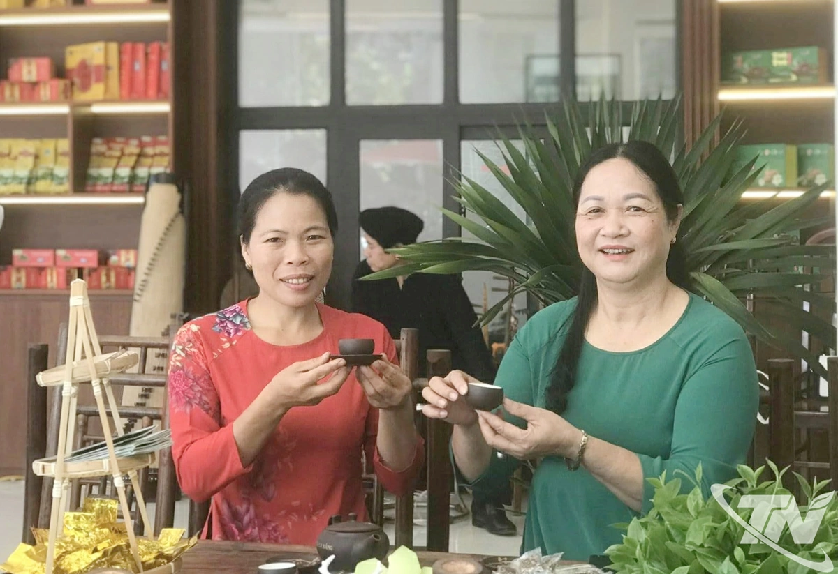 Chị Hà Thị Yến (bên trái), Giám đốc HTX chè Hải Yến, người góp phần nâng tầm thương hiệu chè Phú Thịnh.