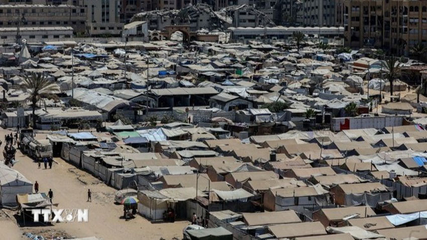 Lều trại cho người sơ tán lánh nạn Palestine tại thành phố Gaza ngày 4/8/2025. (Ảnh: THX/TTXVN)