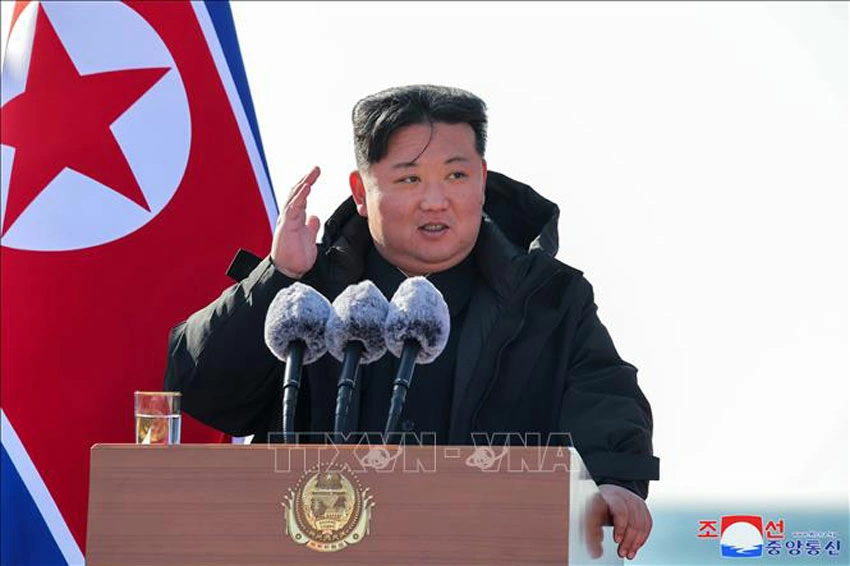 Nhà lãnh đạo Triều Tiên Kim Jong Un phát biểu tại Rakwon, tỉnh Nam Hamgyong. Ảnh tư liệu: Yonhap/TTXVN
