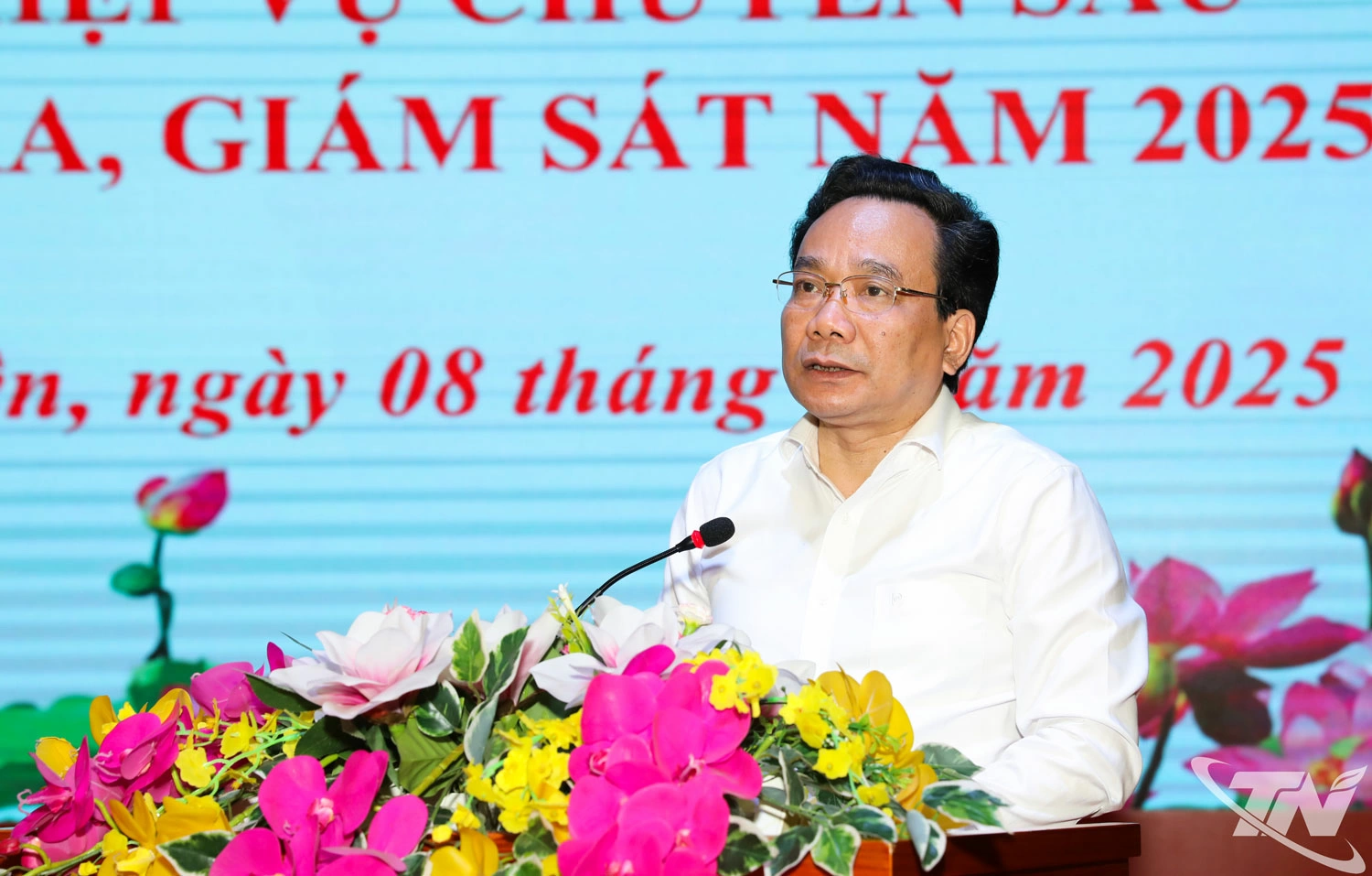 Đồng chí Nghiêm Phú Cường, Phó Chủ nhiệm Ủy ban Kiểm tra Trung ương, phát biểu khai giảng lớp bồi dưỡng.