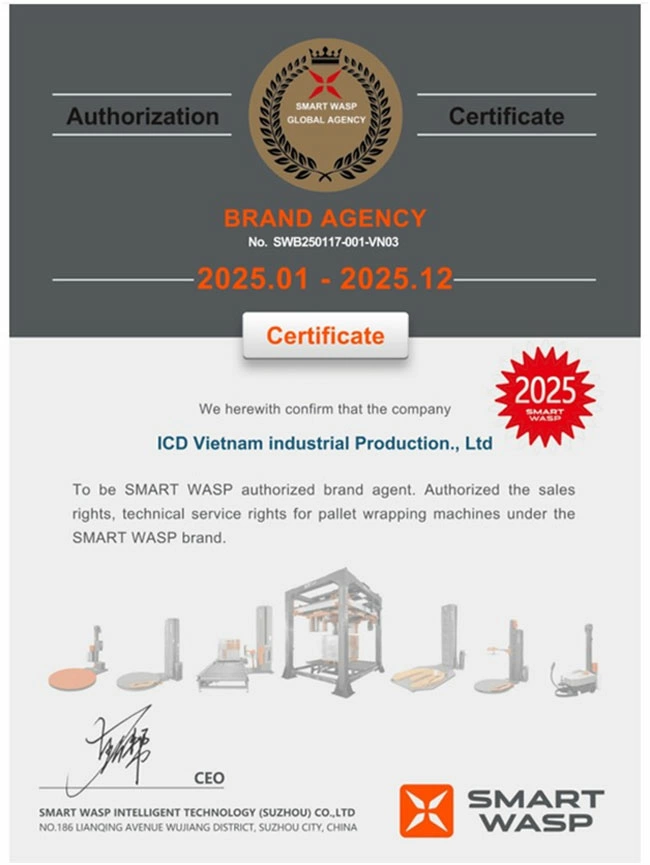 Từ 2025, ICD Việt Nam là Đại lý ủy quyền của thương hiệu máy quấn màng pallet SMART WASP tại Việt Nam.
