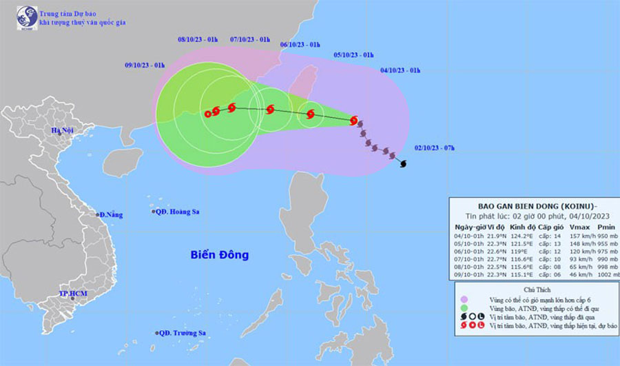 Vị trí và hướng di chuyển của bão Koinu. (Nguồn: nchmf.gov.vn)