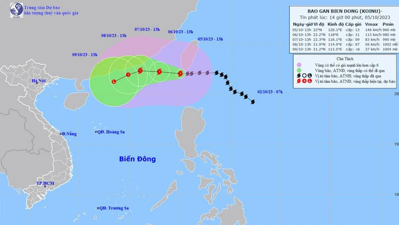 Vị trí và hướng di chuyển của bão Koinu. (Nguồn: nchmf.gov.vn)