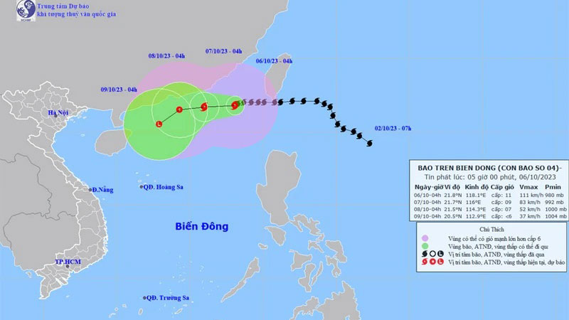 Vị trí và hướng di chuyển của bão số 4. (Nguồn: nchmf.gov.vn)