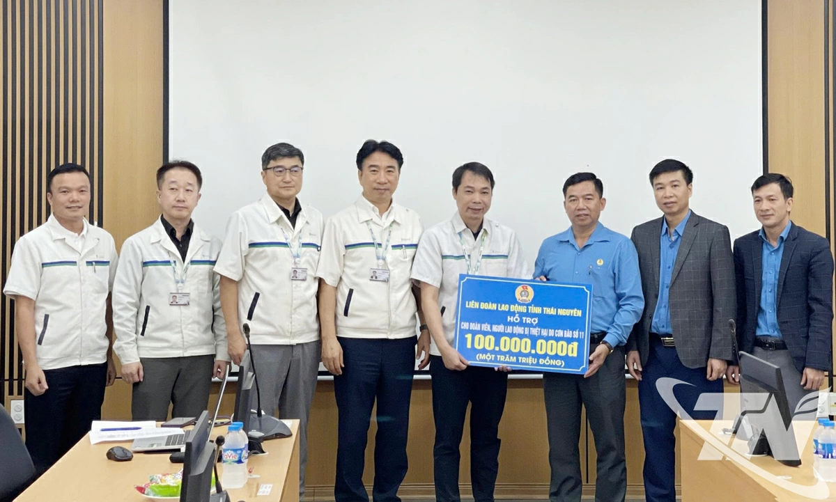 Liên đoàn Lao động tỉnh hỗ trợ 100 triệu đồng cho đoàn viên, người lao động Công ty TNHH Hansol Electronics Việt Nam (Thái Nguyên) bị thiệt hại do mưa lũ.