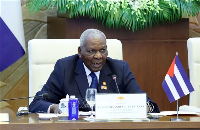 Chủ tịch Quốc hội Cuba Esteban Lazo Hernández phát biểu. Ảnh: Phạm Kiên/TTXVN