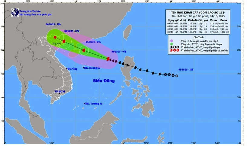 Bản đồ dự báo quỹ đạo và cường độ bão số 11 phát lúc 8 giờ ngày 4/10.