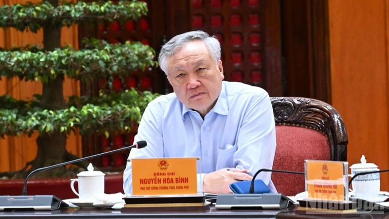 Phó Thủ tướng Thường trực Chính phủ Nguyễn Hoà Bình phát biểu ý kiến tại cuộc họp. (Ảnh: TRẦN HẢI)