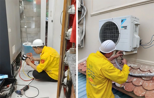 Kỹ thuật viên điện lạnh Thợ Việt thực hiện sửa máy lạnh và tủ lạnh tại một hộ gia đình tại TPHCM. Ảnh: Thợ Việt.