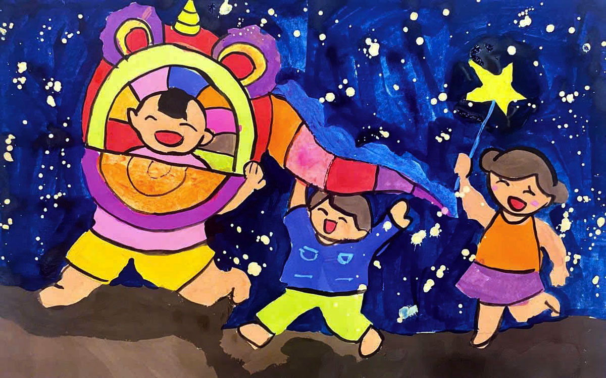 Rước đèn. Tranh: Tạ Bảo Minh Châu