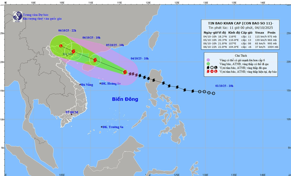 Vị trí và đường đi của bão số 11. Ảnh: KTTV