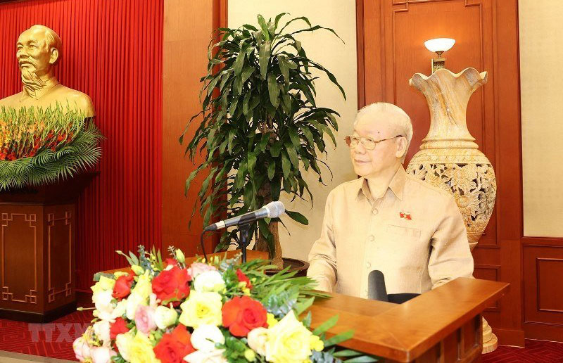 Tổng Bí thư Nguyễn Phú Trọng nói chuyện với các đại biểu dự buổi gặp mặt. (Ảnh: TTXVN)

