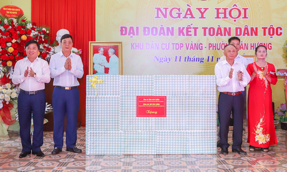 Đồng chí Đặng Xuân Trường và đồng chí Bùi Văn Lương trao tặng tivi cho tổ dân phố Vàng.