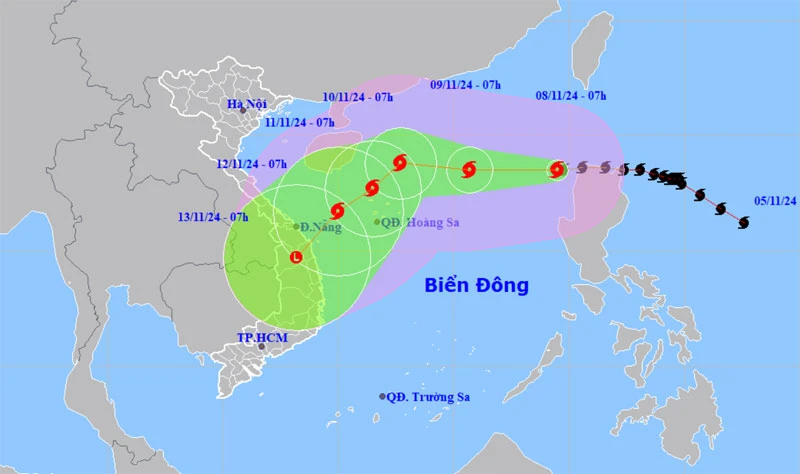 Vị trí và hướng di chuyển của bão số 7 lúc 7 giờ ngày 8/11. (Nguồn: nchmf.gov.vn)