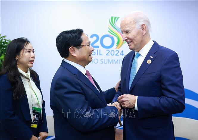 Thủ tướng Phạm Minh Chính gặp Tổng thống Hoa Kỳ Joe Biden. Ảnh: Dương Giang/TTXVN