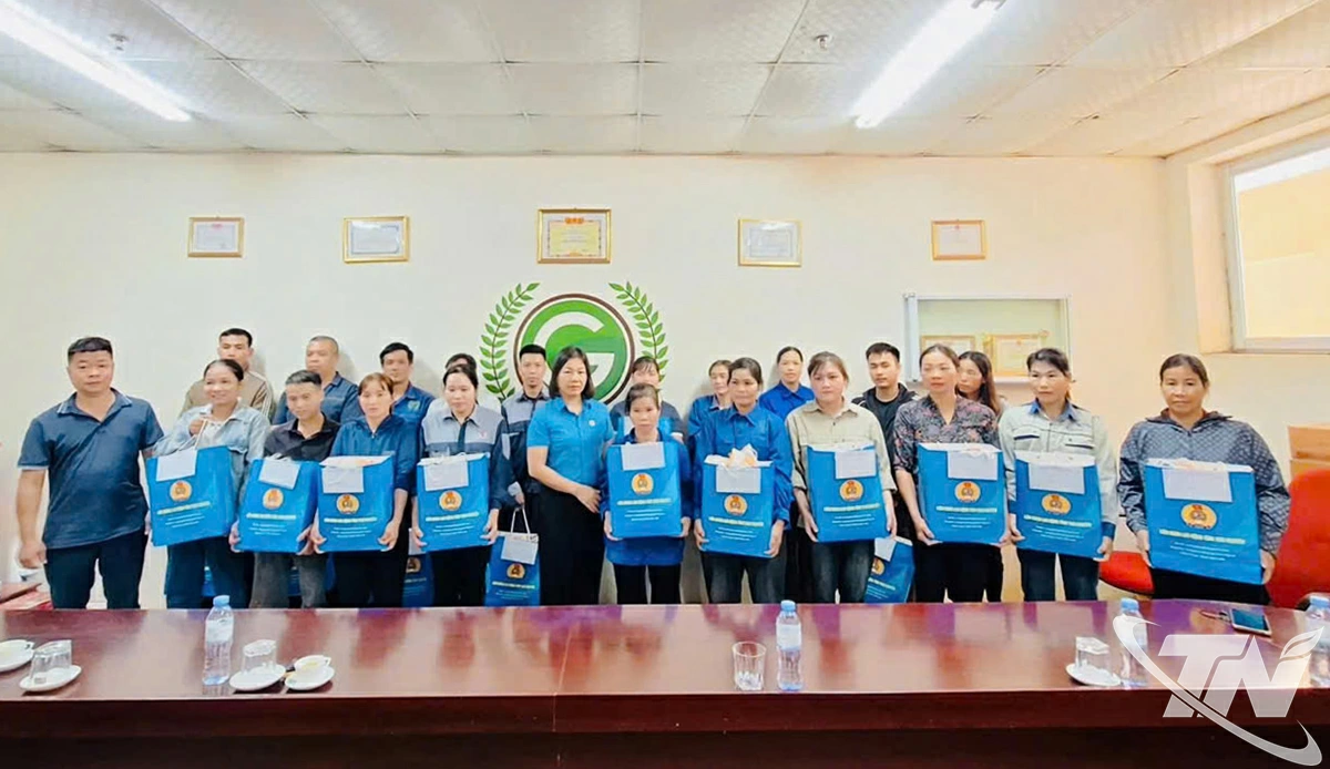 Bà Đỗ Thị Hiền, Chủ tịch LĐLĐ tỉnh Thái Nguyên động viên, tặng quà người lao động.