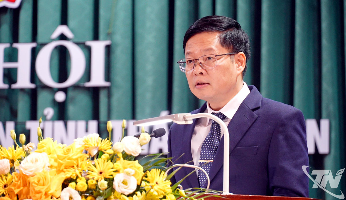 Đồng chí Đinh Quang Tuyên, Phó Bí thư Tỉnh ủy, Chủ tịch Ủy ban MTTQ Việt Nam tỉnh Thái Nguyên, phát biểu tại Đại hội