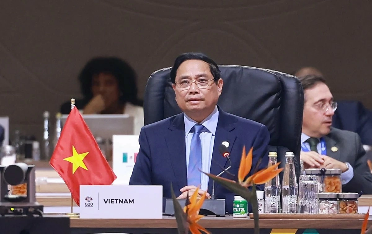 Prime Minister Pham Minh Chinh delivers a speech at the G20 Summit on November 23.