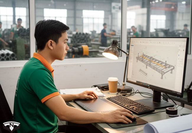 Kỹ sư TVN thiết kế giải pháp băng tải con lăn theo yêu cầu khách hàng.