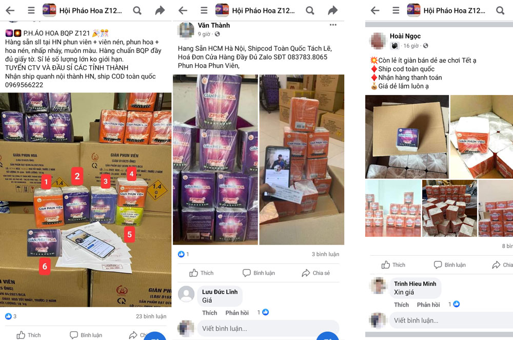 Trên mạng xã hội Facebook có nhiều tài khoản giao bán pháo hoa của Nhà máy Z121.