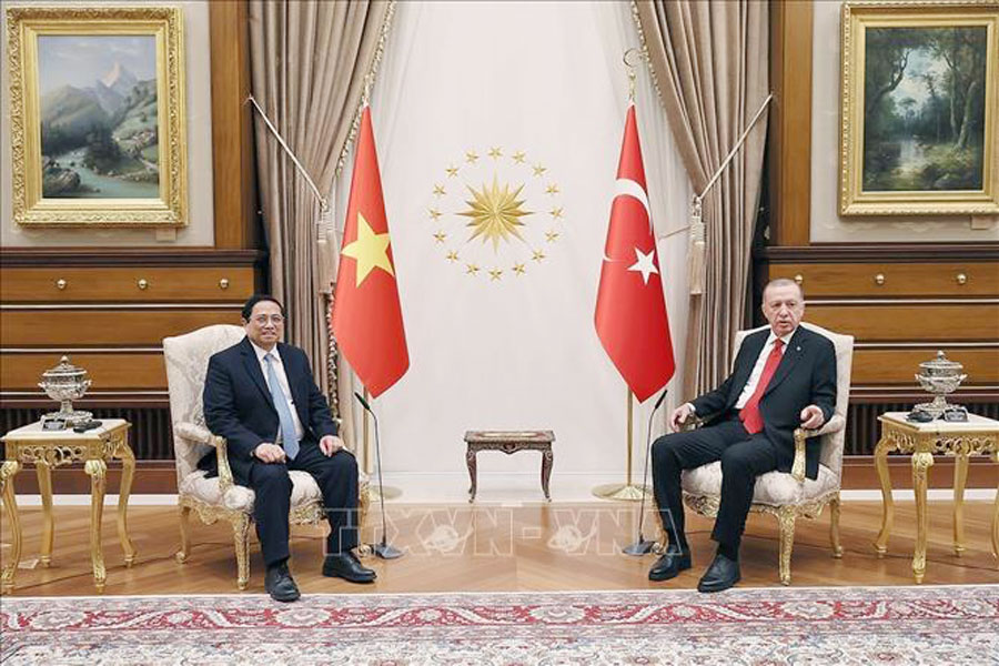 Thủ tướng Phạm Minh Chính hội kiến Tổng thống Thổ Nhĩ Kỳ Recep Tayyip Erdogan. Ảnh: Dương Giang/TTXVN