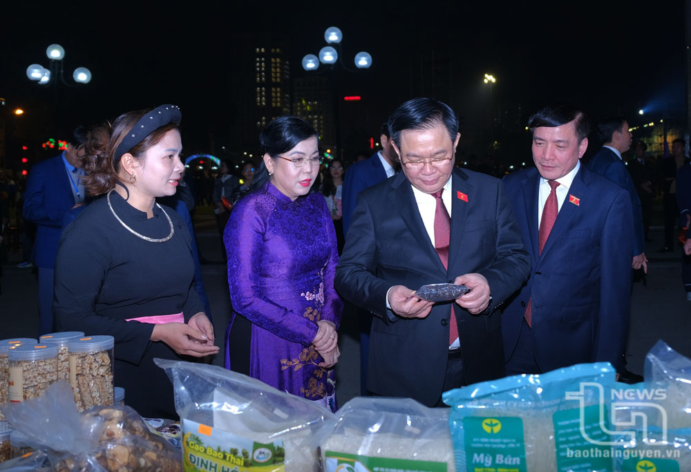Trước khi tham dự buổi Lễ, Chủ tịch Quốc hội Vương Đình Huệ tham quan các gian hàng tiêu biểu của tỉnh được trưng bày tại Quảng trường Võ Nguyên Giáp.