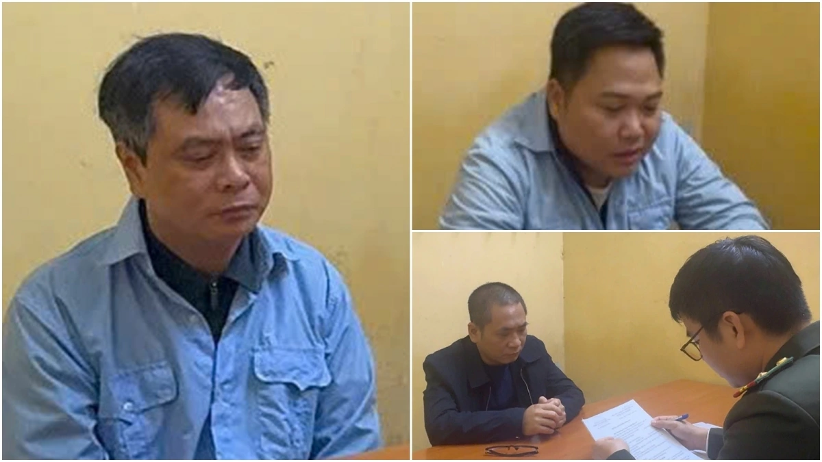 Hiệu trưởng trường Cao đẳng Du lịch Hà Nội - Phạm Văn Long (ngoài cùng bên trái) và các bị can.