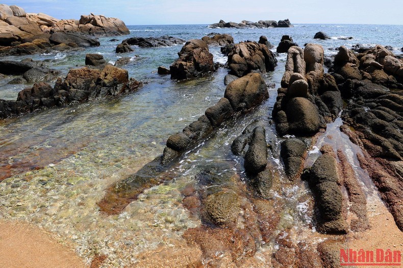 Chung quanh đảo có nhiều bãi đá có tác dụng ngăn cản độ xói mòn, xâm thực của sóng gió lên đảo. (Ảnh: NGỌC LÂN)