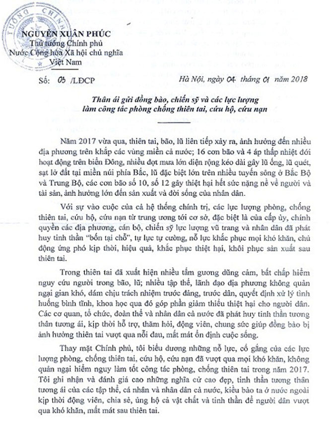 Thủ tướng Chính phủ Nguyễn Xuân Phúc gửi thư đến đồng bào, chiến sĩ và lực lượng làm công tác phòng, chống thiên tai, cứu hộ, cứu nạn