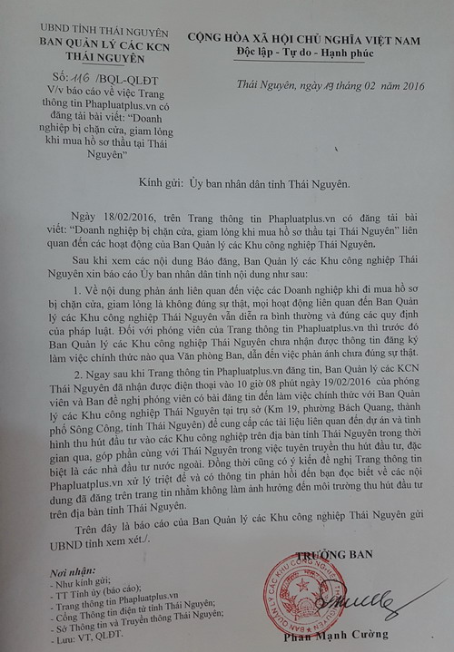 Ban Quản lý các KCN tỉnh báo cáo việc Trang thông tin Phapluatplus.vn đăng bài viết: “Doanh nghiệp bị chặn cửa, giam lỏng khi mua hồ sơ thầu tại Thái Nguyên”