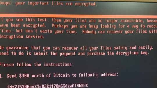 Ảnh chụp màn hình các máy tính bị mã độc NotPetya tấn công cho thấy, tin tặc đòi tiền chuộc trị giá 300 USD thanh toán bằng bitcoin cho dữ liệu đã bị mã hóa.