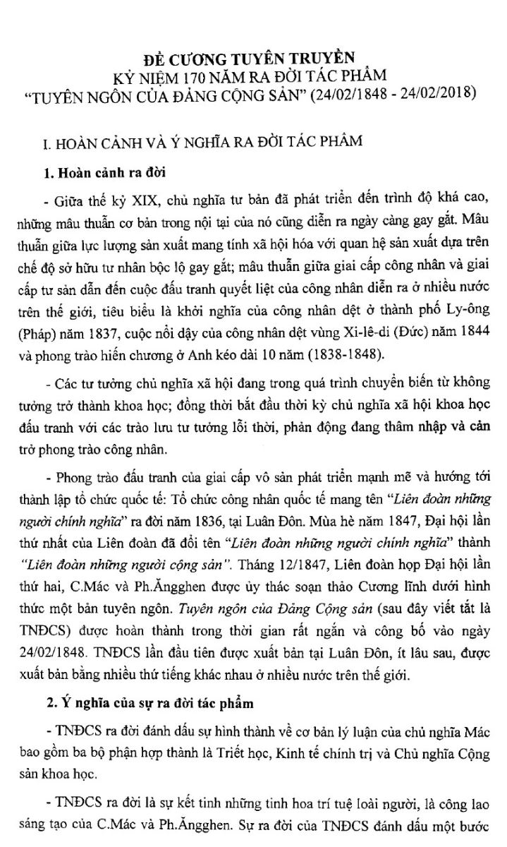 ĐỀ CƯƠNG TUYÊN TRUYỀN KỶ NIỆM 170 NĂM RA ĐỜI TÁC PHẨM TUYÊN NGÔN CỦA ĐẢNG CỘNG SẢN